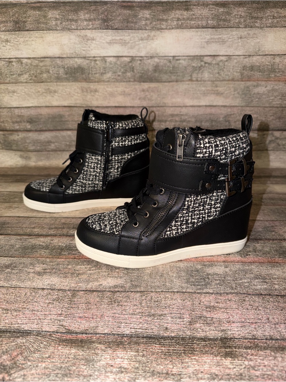 torrid Black and White Tweed Wedge Sneaker Boots